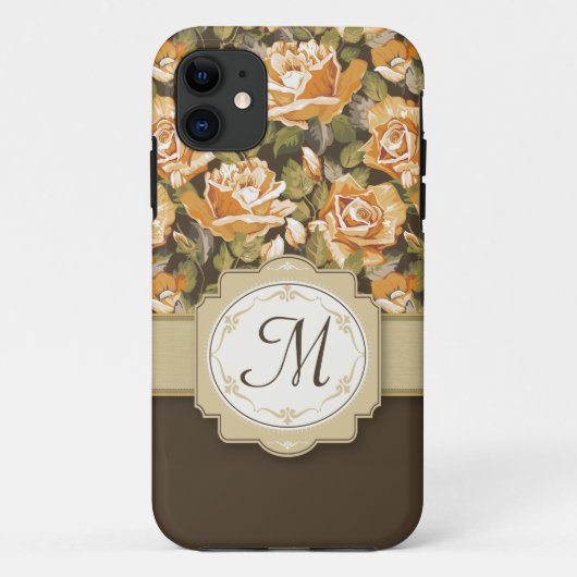 モノグラムを持つブラウンの金ゴールドの黄色バラ Case-Mate iPhoneケース (裏面)