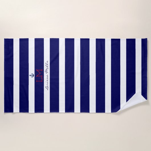 モノグラムを持つ大ストライプ大航海の海軍の青い色 ビーチタオル (正面)
