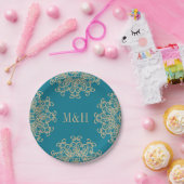 モノグラムアクアマリンと金ゴールドインディアン結婚スタイル ペーパープレート (パーティー)