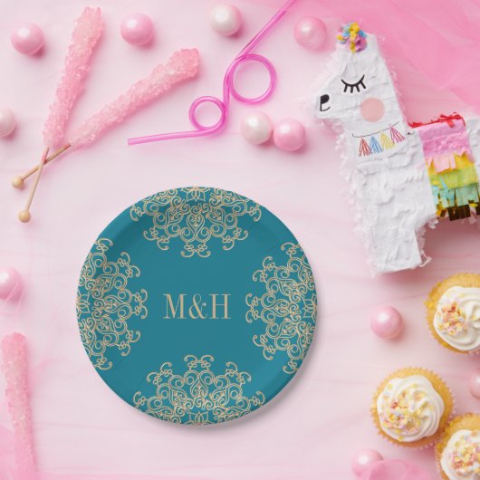 モノグラムアクアマリンと金ゴールドインディアン結婚スタイル ペーパープレート (パーティー)