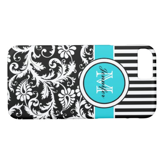 モノグラムアクア白黒ストライプのダマスクiPhone 7 Case-Mate iPhoneケース (裏面(横))
