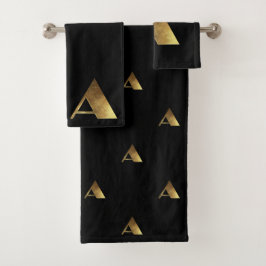 モノグラムアブラックアンド金ゴールドルックエレガントタイポグラフィ バスタオルセット