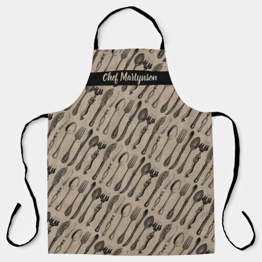 モノグラムアンティーク刃物ヴィンテージ器バーラップ エプロン (正面)