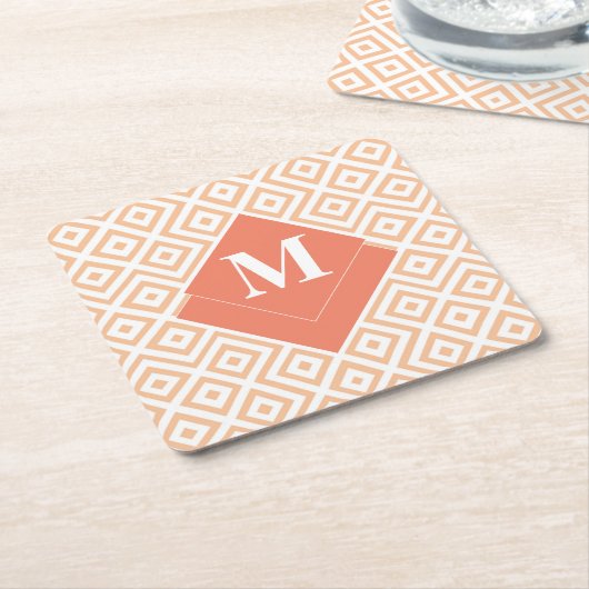 モノグラムアールデコオレンジ幾何学模様 スクエアペーパーコースター (アングル)