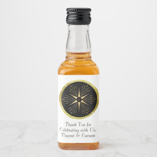 モノグラムアールデコスターブラックと金ゴールド リキュールボトルラベル (正面)