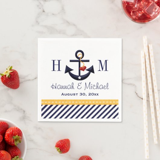 モノグラムイエローとネイビー航海のいかり結婚ズ スタンダードカクテルナプキン (インサイチュ)