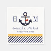 モノグラムイエローとネイビー航海のいかり結婚ズ スタンダードカクテルナプキン (正面)