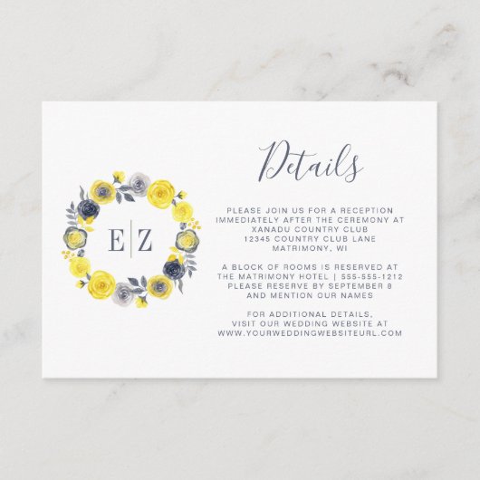 モノグラムイエローグレーフローラリース結婚ズ詳細 エンクロージャーカード (正面)