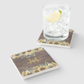 モノグラムイエローサンフラワーユーカリプトゥスブラウンウッド ストーンコースター (横)