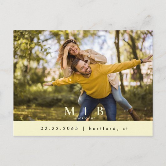 モノグラムイエローフォトウェディング日付を保存 ポストカード (正面)