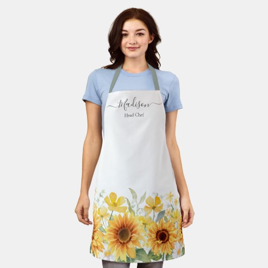 モノグラムイエローフラワーヒマワリフローラ植物学 エプロン (着用した状態)