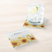 モノグラムイエローフラワーヒマワリフローラ植物学 ガラスコースター (アングル)