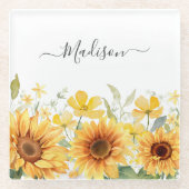 モノグラムイエローフラワーヒマワリフローラ植物学 ガラスコースター (正面)
