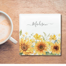 モノグラムイエローフラワーヒマワリフローラ植物学 ガラスコースター