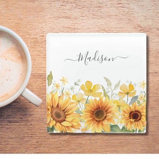 モノグラムイエローフラワーヒマワリフローラ植物学 ガラスコースター
