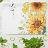 モノグラムイエローフラワーヒマワリフローラ植物学 キッチンタオル (折り畳み)