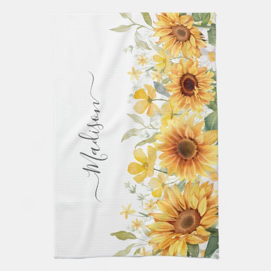 モノグラムイエローフラワーヒマワリフローラ植物学 キッチンタオル (縦)