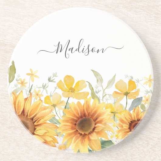 モノグラムイエローフラワーヒマワリフローラ植物学 コースター (正面)