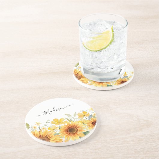 モノグラムイエローフラワーヒマワリフローラ植物学 コースター (側面)