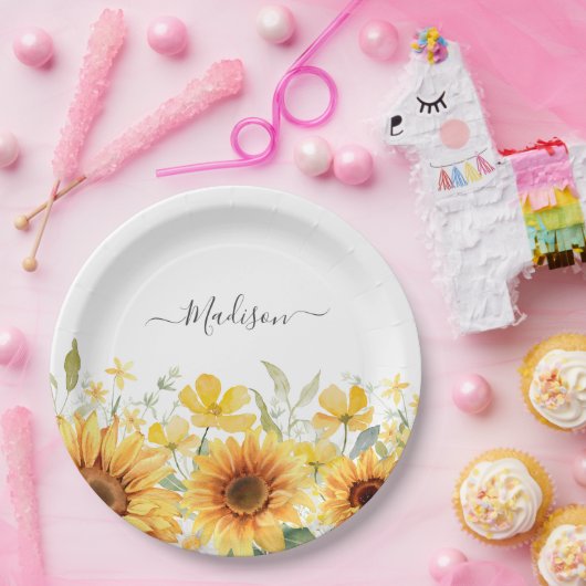 モノグラムイエローフラワーヒマワリフローラ植物学 ペーパープレート (パーティー)
