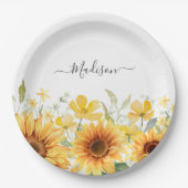 モノグラムイエローフラワーヒマワリフローラ植物学 ペーパープレート (正面)