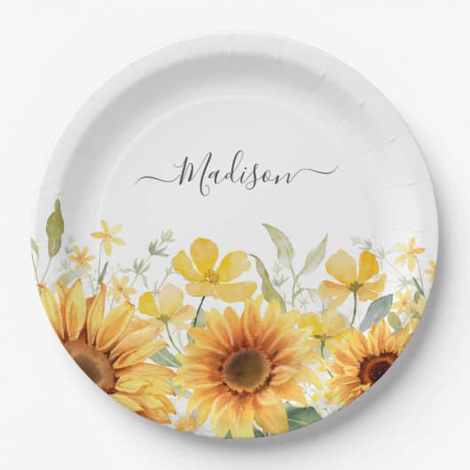 モノグラムイエローフラワーヒマワリフローラ植物学 ペーパープレート (正面)
