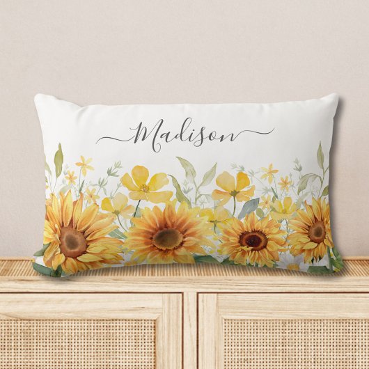 モノグラムイエローフラワーヒマワリフローラ植物学 ランバークッション