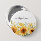 モノグラムイエローフラワーヒマワリフローラ植物学 缶バッジ (正面&裏面)