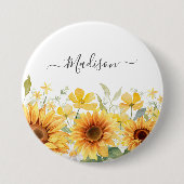 モノグラムイエローフラワーヒマワリフローラ植物学 缶バッジ (正面)