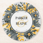 モノグラムイエロー&グレーフローラ水色結婚の ラウンドペーパーコースター (正面)