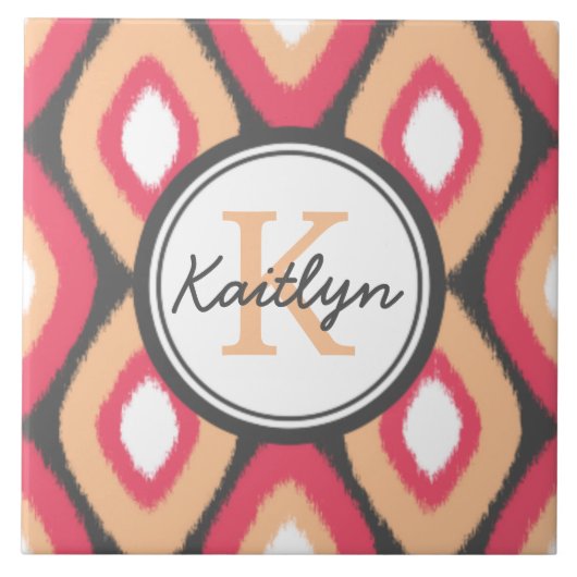 モノグラムイカットダイヤモンドパターンピンクグレー タイル (正面)