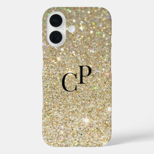 モノグラムイニシャルのフェイク金ゴールドグリッター背景 iPhone 16ケース