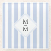 モノグラムイニシャルほこりっぽいライトブルー白ストライプ色 ガラスコースター (正面)