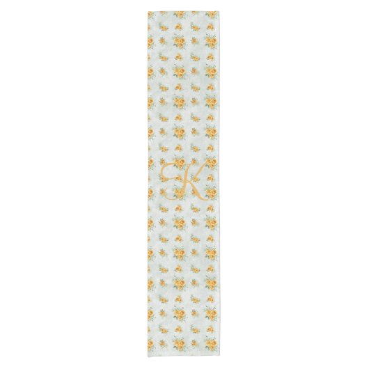 モノグラムイニシャルイエローグリーン金ゴールドフローラバラ ショートテーブルランナー (正面)