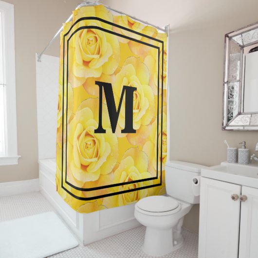 モノグラムイニシャルイエローフローラヴィンテージ 素朴 シャワーカーテン (インサイチュ)