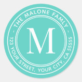 モノグラムイニシャルエレガントアクアブルー差出人住所 ラウンドシール (正面)