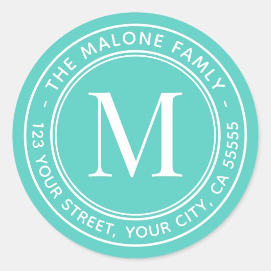 モノグラムイニシャルエレガントアクアブルー差出人住所 ラウンドシール (正面)