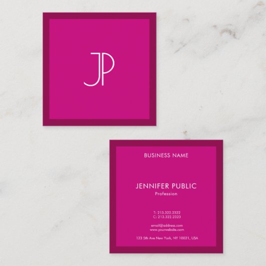モノグラムイニシャルエレガントトレンドカラービバマゼンタ スクエア名刺 (正面/裏面)