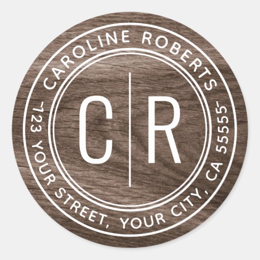 モノグラムイニシャルエレガント木目差出人住所 ラウンドシール (正面)