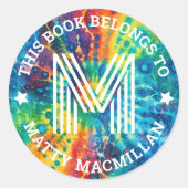 モノグラムイニシャルカラフル絞り染めキッズブックラベル ラウンドシール (正面)