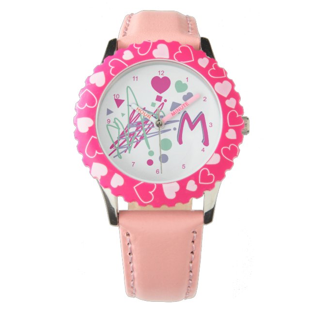 モノグラムイニシャルガールのハートドット正方形の色 腕時計 (正面)