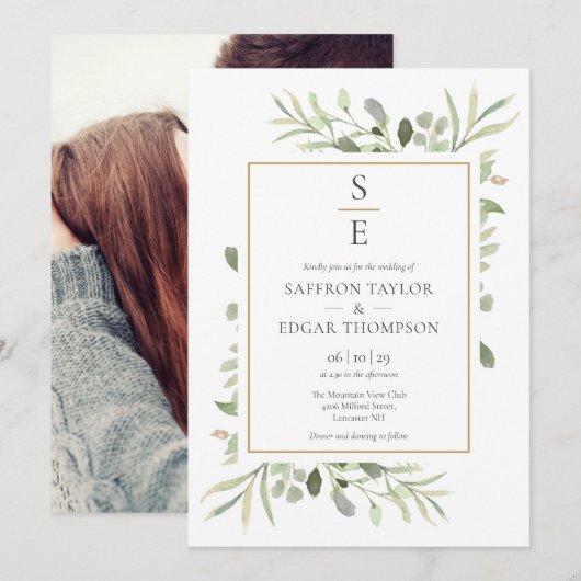 モノグラムイニシャルグリーン フォリオ 写真 ウェディング 招待状 (正面/裏面)
