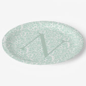 モノグラムイニシャルセージグリーンダマスク ペーパープレート (アングル)