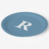 モノグラムイニシャルダスティブルーホワイトカスタムカラーズ ペーパープレート (アングル)