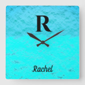 モノグラムイニシャルティール(緑がかった色)ブルーターコイズパステグラデーションル スクエア壁時計 (正面)