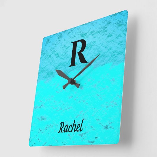 モノグラムイニシャルティール(緑がかった色)ブルーターコイズパステグラデーションル スクエア壁時計 (傾斜)