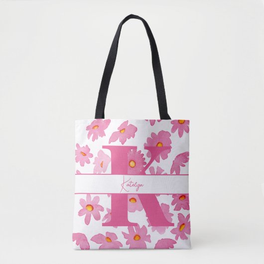 モノグラムイニシャルピンクデイジー水彩花 トートバッグ (正面)