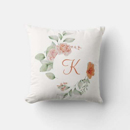 モノグラムイニシャルピーチコーラルグリーンエレガントフローラ クッション (正面)