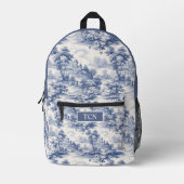 モノグラムイニシャルブルーホワイトワフランスのールパターン プリントバックパック (正面)