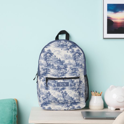 モノグラムイニシャルブルーホワイトワフランスのールパターン プリントバックパック